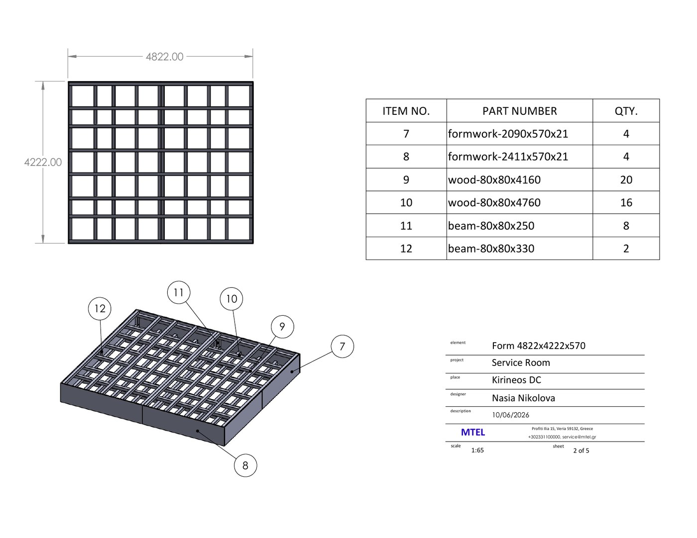 Formwork assembly drawing with bill of materials